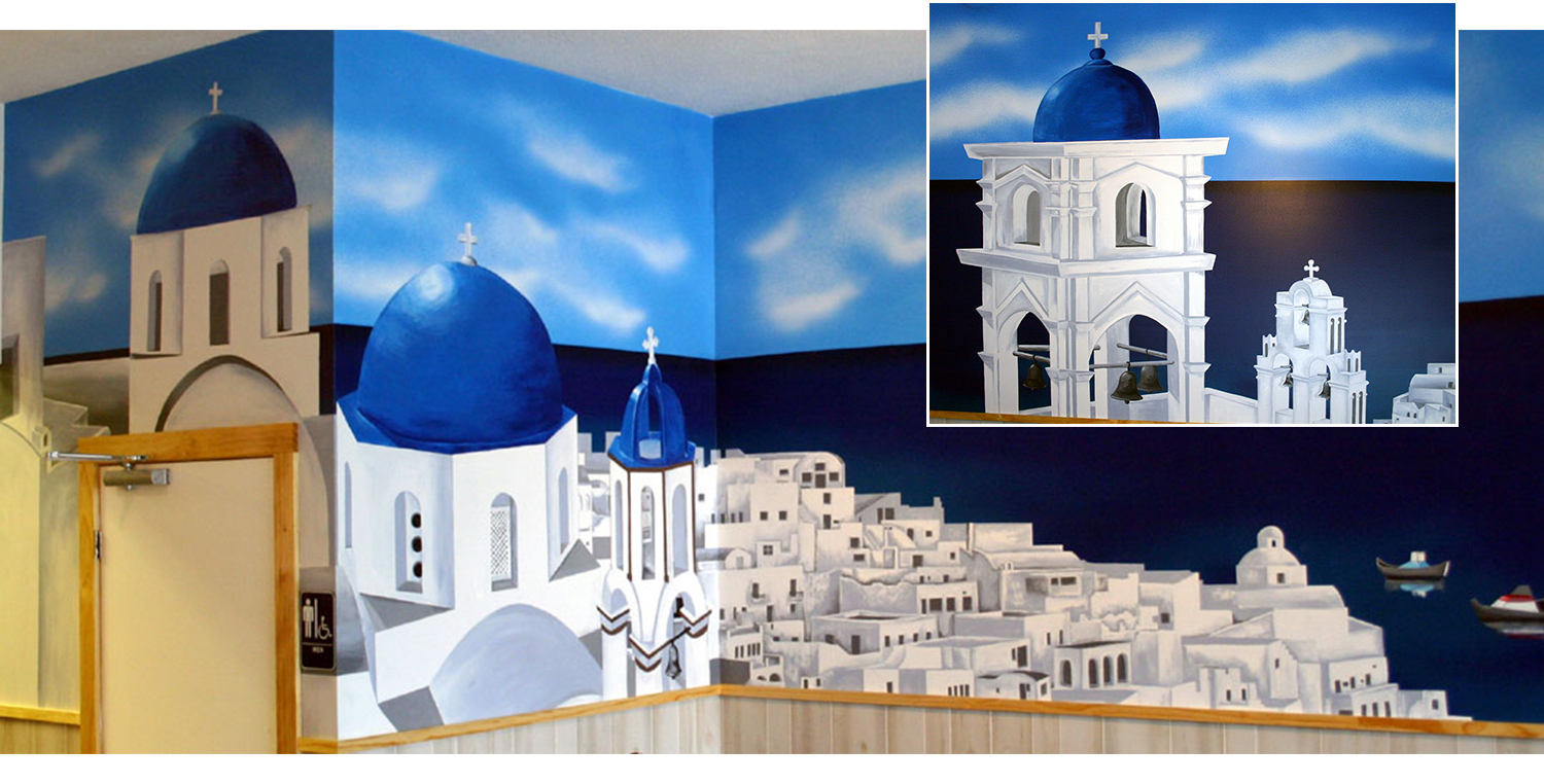 Greek restaurant mural painted overlooking the Aegean Sea in Santorini, Greece