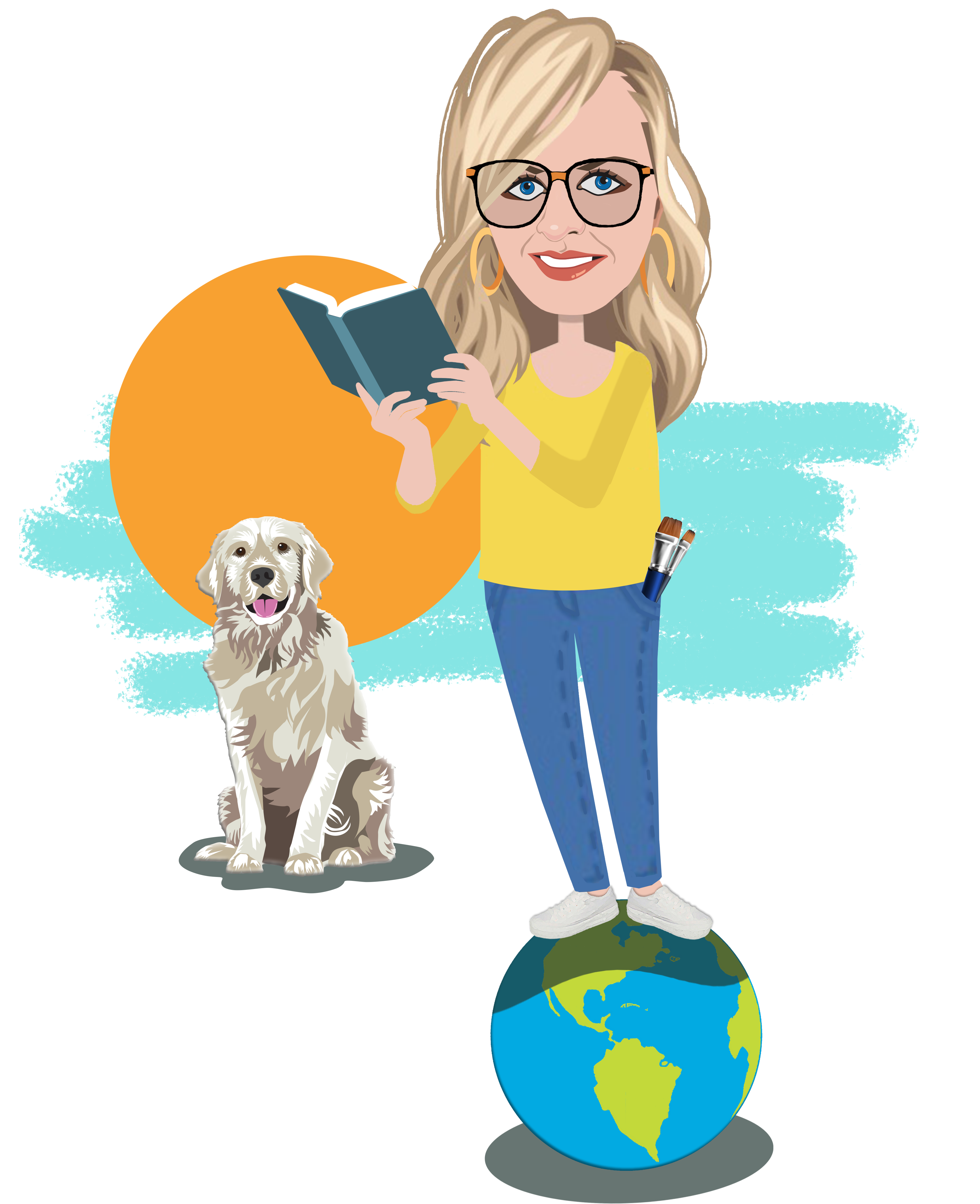 Caricature of Terri Bailey as artist, paintbrush in her pocket, reading a book and Golden Retriever nearby