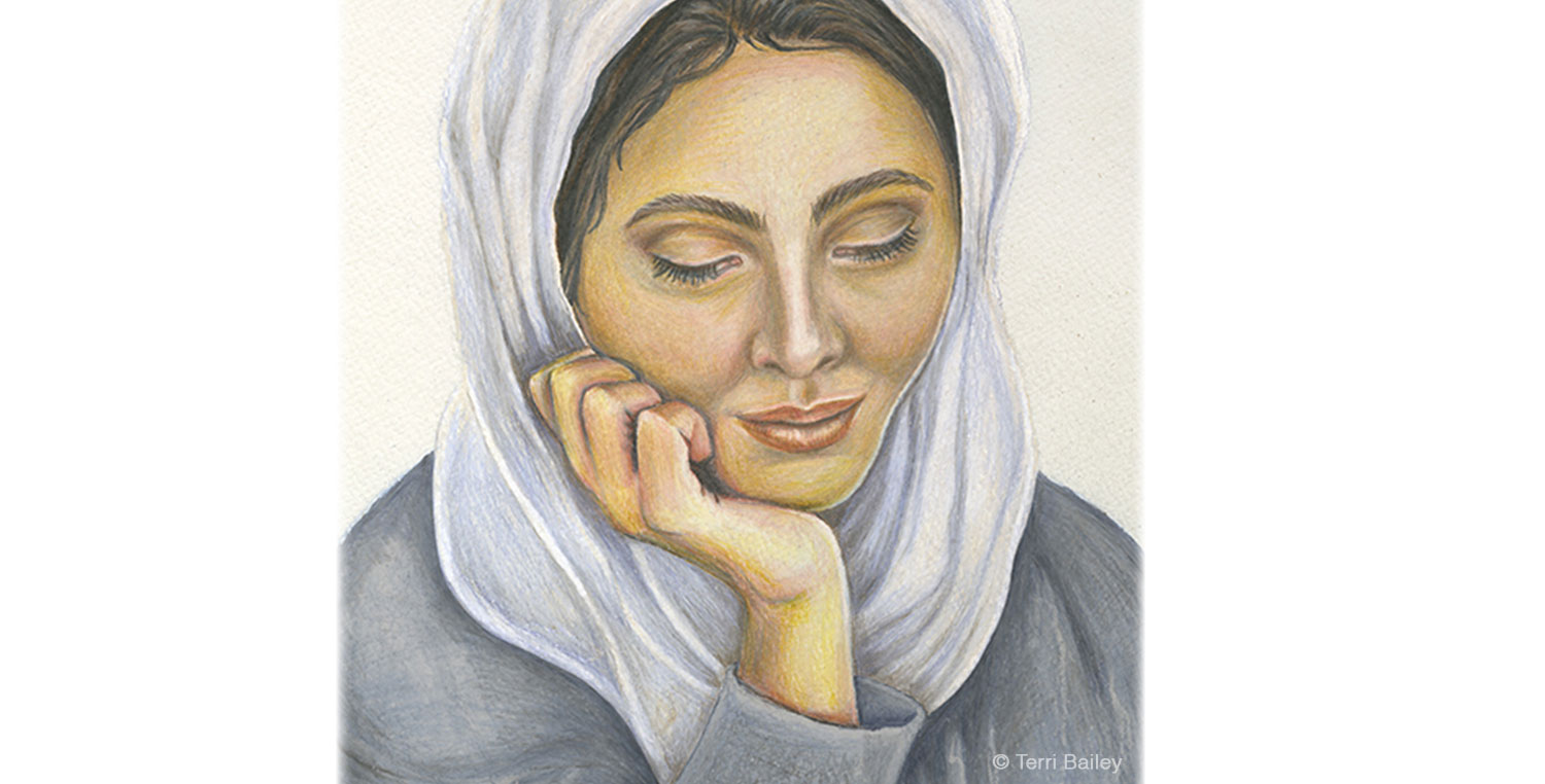 Woman from the Bible dressed in dark grey with light gray hair covering