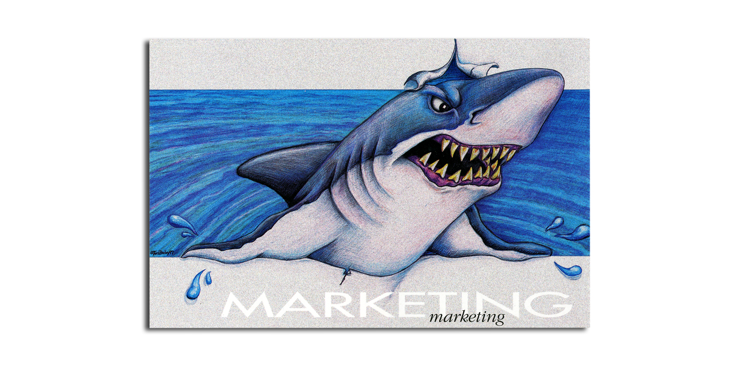 Mean looking shark in marketing illustrated with colored pencils
