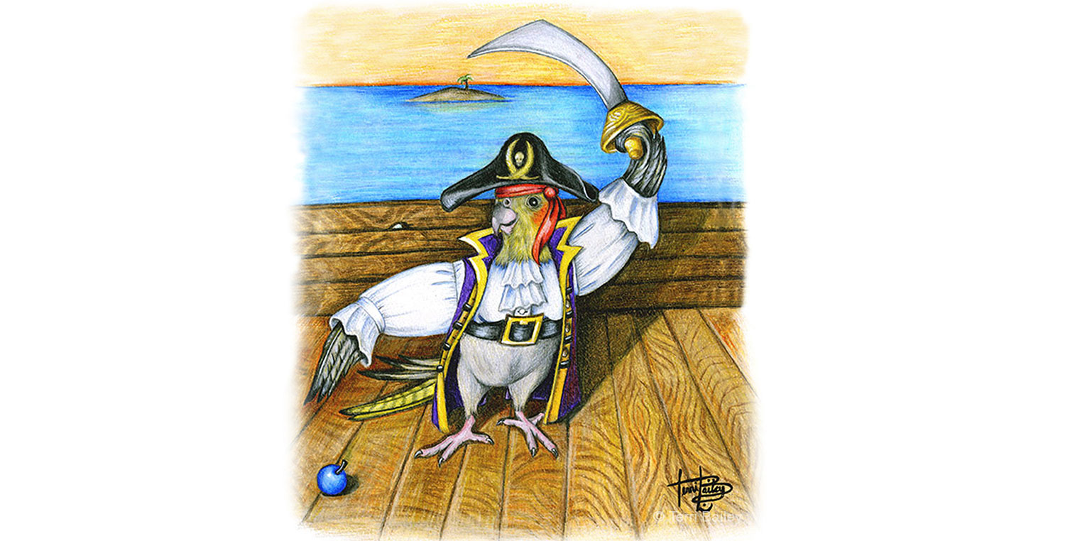 Spike the cockatiel is a pirate going to save everyone from the evil blueberry