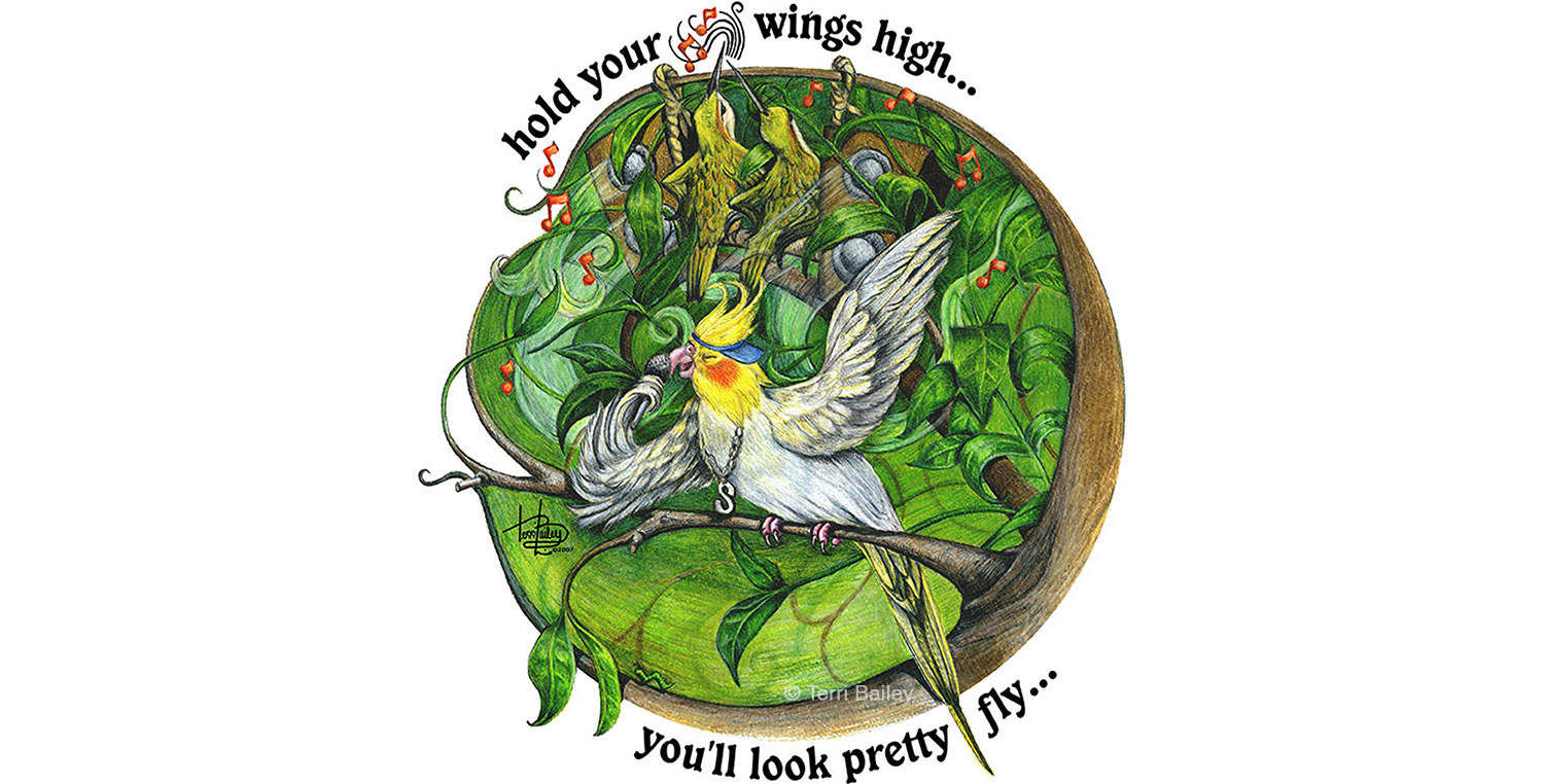 Spike the cockatiel sitting on a tree branch rapping a song
