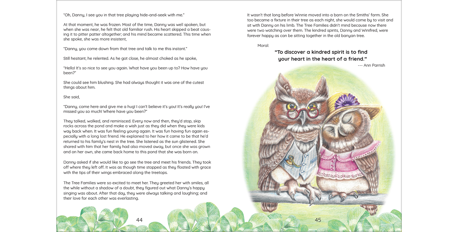 Danny the Owl dressed up in a vest with a pocketwatch and glasses with his girlfriend Winnie on a tree branch