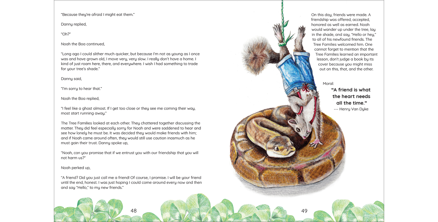 Squirrel dressed in blue jeans and suspenders hanging from tree with Noah the Boa below