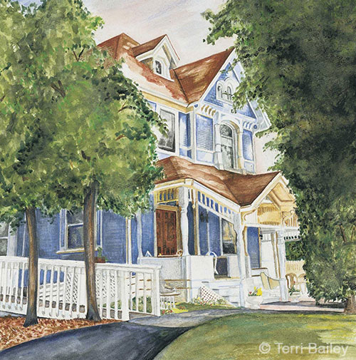 watercolor painting of bed and breakfast named The White Rose