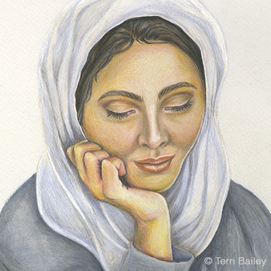 Saints, Sinners and Scandals - woman looking thoughtful dressed in gray with head covering, illustrated by Terri Bailey