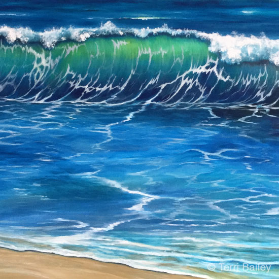 Acrylic painting of a large ocean wave with a hidden ocean creature crashing on the beach, painted by Terri Bailey